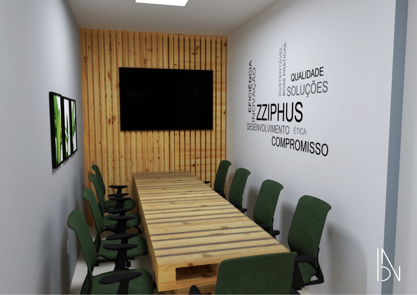Sala de reunião da Zziphus, com mesa de madeira e cadeiras verdes