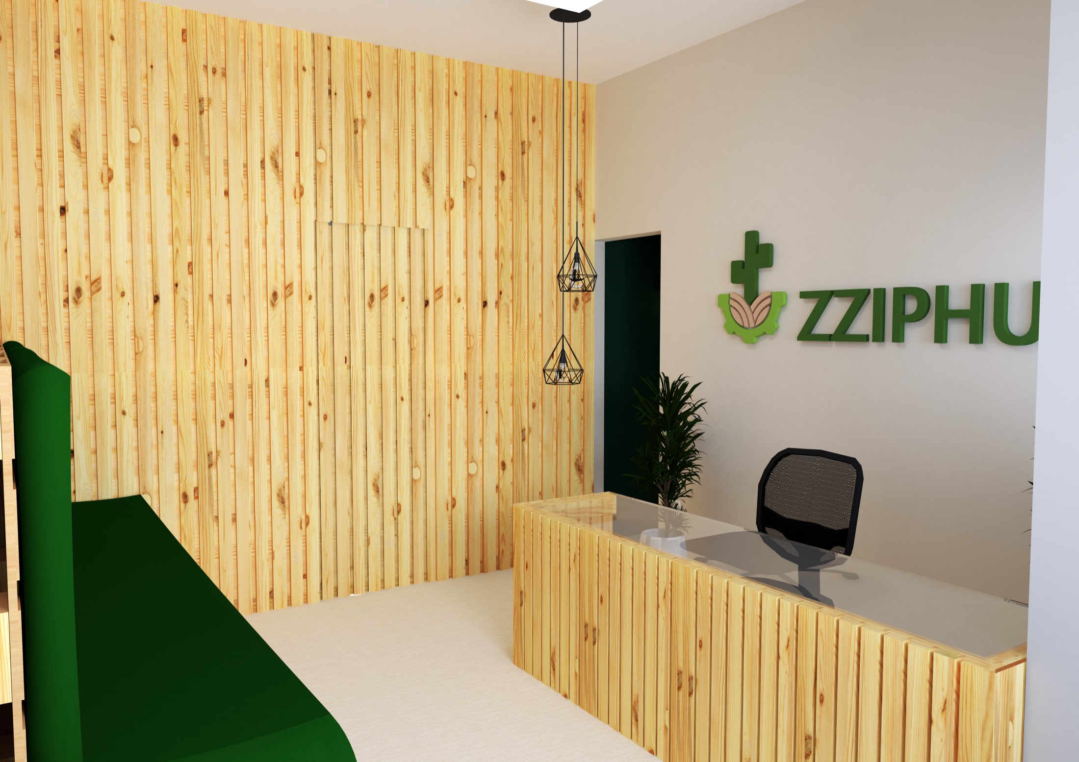 Recepção do escritório da Zziphus, com painel de madeira e o logo na parede